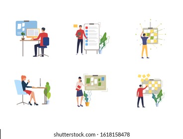 Manager working in office set. Employee using computer, task list, planning board. Flat vector illustrations. Workplace, time management concept for banner, website design or landing web page