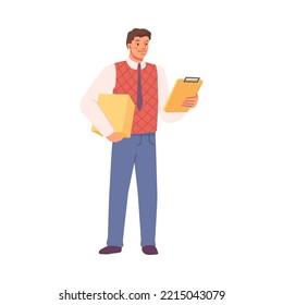 Gestor que trabaja en servicios de logística internacionales y locales, buscando en portátiles, reteniendo paquetes. Control del proceso de transporte. Vector de dibujos animados planos
