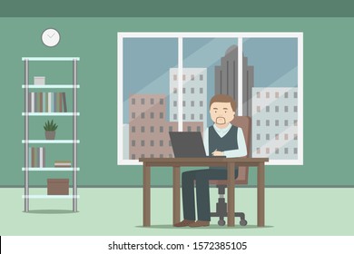 Manager working on laptop in office. Vector illustration.