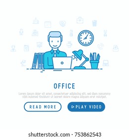 Manager is working on laptop in office overtime. Concept with thin line icons for web page template. Vector illustration.