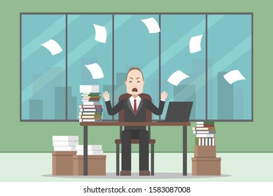 Manager working under report. Lot of paperwork. Vector.