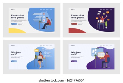 Manager at workplace set. Employee completing tasks on laptop, email, overwork. Flat vector illustrations. Project management, communication concept for banner, website design or landing web page