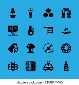 manager, world peace, eye drops, animal, bee, alms, electric car, sheet music and desktop vector icon. Simple icons set