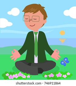 Manager in yoga meditation pose, vector illustration