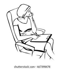 manager young woman sits in the office armchair talks on smart phone with folder for papers on her knees and with pencil in the right hand black and white background