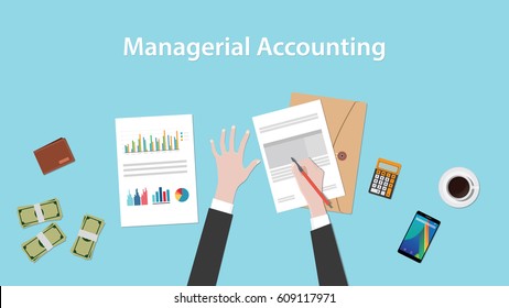managerial accounting illustration with a man signing paperworks and folder document, money and calculator on top of table
