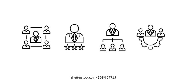 Redes gerenciais,líder,equipe empresarial,conexão empresarial,trabalho em equipe. Conceito de ícone,ilustração de design de ícone em estilo de contorno editável, isolado no fundo branco.	
