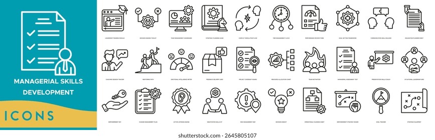 Managerial Skills Development icon set. Leadership Training Module, Decision Making Toolkit, Team Management Dashboard, Strategic Planning Guide, Conflict Resolution Flow and Time Management Clock