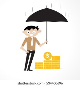 Manager,office worker or businessman with the beard holding an open umbrella over golden coins. Concept of business insurance.Vector flat design illustration