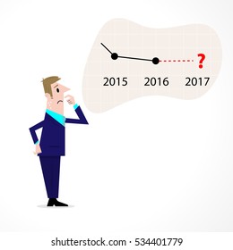 Manager,Office Worker or businessman confused stock market arrow.Sad businessman with graph indicating a regression. The concept of business failure, bankruptcy. Vector illustration