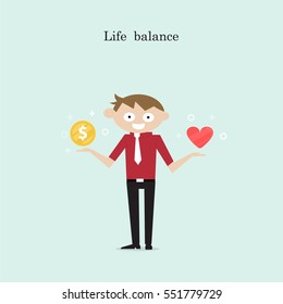 Manager,Office Worker or businessman with the golden coins and red heart icon on his hand.Concept of work and life balance.Vector flat design illustration