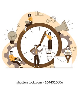 Managers adjusting clock hands. People using laptops, working on project together flat vector illustration. Time management, deadline concept for banner, website design or landing web page