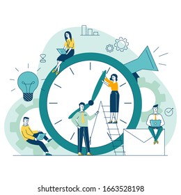 Managers adjusting clock hands. People using laptops, working on project together flat vector illustration. Time management, deadline concept for banner, website design or landing web page