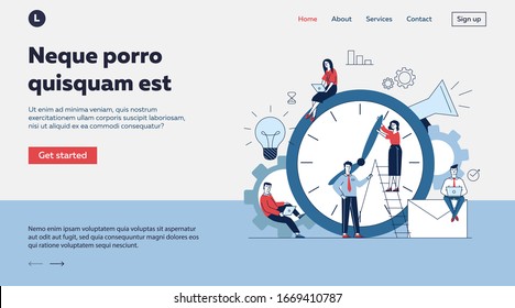 Managers adjusting clock hands. People using laptops, working on project together flat vector illustration. Time management, deadline concept for banner, website design or landing web page