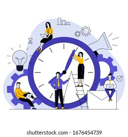 Managers adjusting clock hands. People using laptops, working on project together flat vector illustration. Time management, deadline concept for banner, website design or landing web page