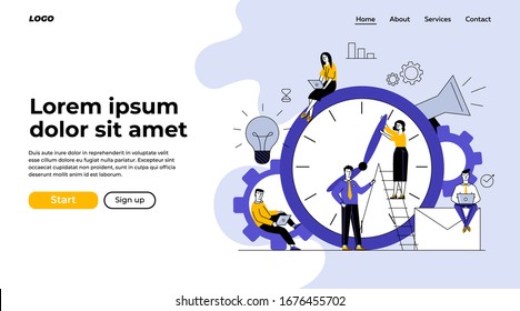 Gerentes ajustando las manos del reloj. Gente usando laptops, trabajando en proyectos juntos de ilustración vectorial plana. Gestión del tiempo, concepto de plazo para banner, diseño del sitio web o página web de inicio