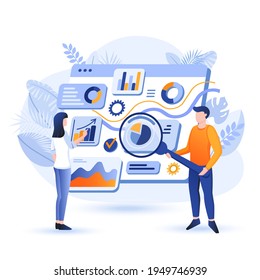 Managers analyze data scene. Colleagues researching statistics from charts. Optimization strategy, success business, database service concept. Vector illustration of people characters in flat design