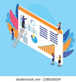 Manager analysieren die Datenszene. Kollegen recherchieren Statistiken aus Diagrammen isometrischer 3D Vektorgrafik Konzept für Banner, Website, Illustration, Landing-Page, Flyer, etc.