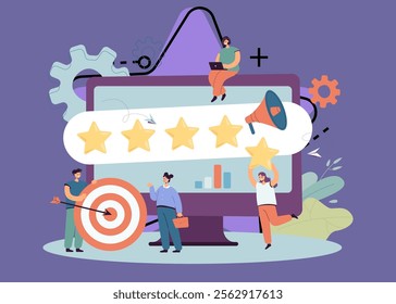 Managers analyzing company rating and brand reputation. Big computer and tiny people vector illustration. Professional management, insight, SEO, social network analytics concept