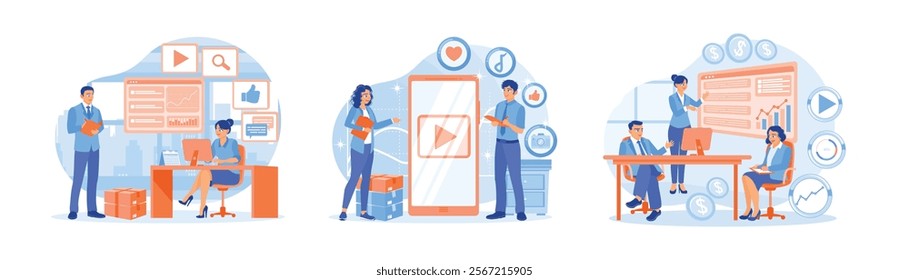 Managers and assistants analyze graphs and charts. Place ads on social networks. Discuss business ideas to improve marketing. Digital Marketing Concept. Set flat vector illustration.