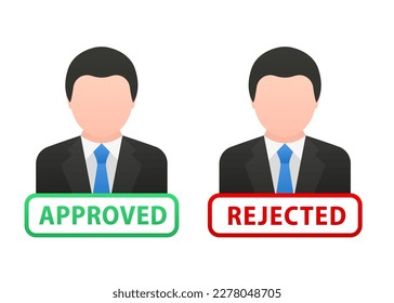 Managers in business suits on a white background, isometric image, status approved or rejected. Approved stamp and rejection stamp. Green approved. Red rejection. Vector illustration