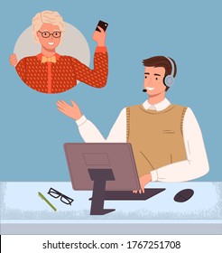 Managers in call center hotline. Online support worker, telephone service operator. Dispatcher, workplace of customer support manager at computer desk. Remote service specialist with headphone