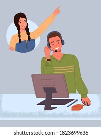 Managers in call center hotline. Online support worker, telephone service operator. Dispatcher, workplace of customer support manager at computer desk. Remote service specialist with headphone