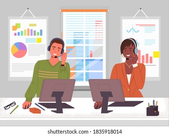 Managers in call center hotline. Online support worker, telephone service operator. Dispatcher, workplace of customer support manager at computer desk. Remote service specialist with headphone