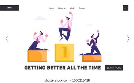Managers Celebrate Successful Deal Website Landing Page. Happy Business People Stand on Winners Pedestal with Hands Up Crying Yeah, Great Results Web Page Banner. Cartoon Flat Vector Illustration