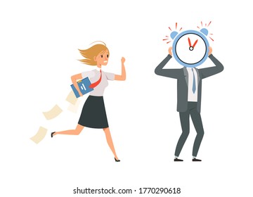 Managers characters. Office staff and deadline late for work. Girl wear uniform and papers vector illustration