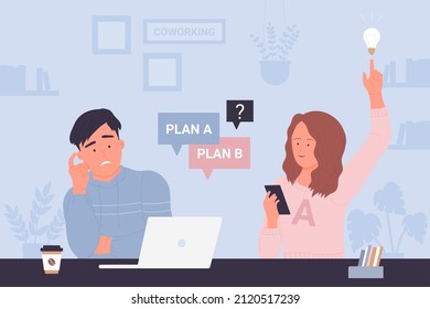 Managers choose right solution, think about choice of plan vector illustration. Cartoon man and woman employees sitting with laptop at desk on meeting, clever girl with new idea. Innovation concept