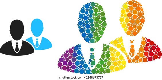 Managers composition icon of filled circles in various sizes and spectrum colored color tones. A dotted LGBT-colored managers for lesbians, gays, bisexuals, and transgenders.