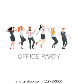 Managers dance at an office party. Corporate events or a holiday in the office, people in office clothes. Vector illustration