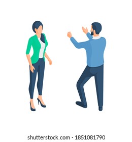 Managers discussing creative idea, isometric vector illustration. Male character talking enthusiastically with his hands up; Woman listens to him attentively. Teamwork with brainstorming strategy.