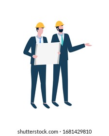 Managers discussing project, men in helmets, employees wearing suit, person holding large sheet of paper, teamwork cooperation, corporate strategy vector