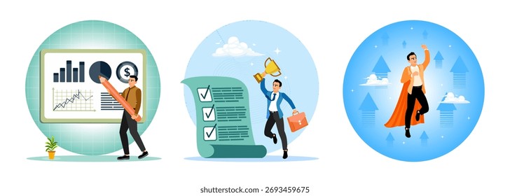 Os gerentes exibem dados financeiros usando gráficos e tabelas. Empreendedores masculinos completam o trabalho a tempo e atingem metas de negócios. Empreendedores desenvolvem desempenho para alcançar metas de negócios.