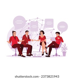 Managers and employees have meetings and discussions in the office. Discussion concept. Trend Modern vector flat illustration