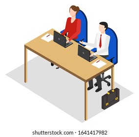 Managers or employees working in office sharing table. People at work dealing with data analysis or info input. Isolated male and female characters with laptops. Vector in isometric 3D style