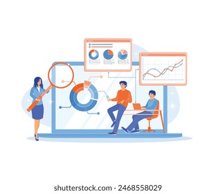 Managers and finance teams analyze data. Monitor business financial reports. Data Analysis concept. Flat vector illustration.