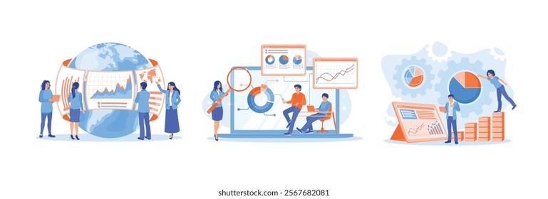 Managers and finance teams study statistical data. Analyze data. Create sales and operational management reports. Data Analysis Concept. Set flat vector illustration.