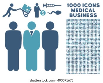 Managers icon with 1000 medical business cyan and blue vector pictograms. Collection style is flat bicolor symbols, white background.