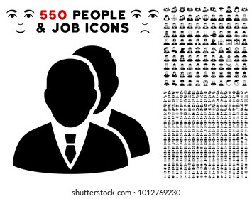 Managers icon with 550 bonus pitiful and happy person design elements. Vector illustration style is flat black iconic symbols.