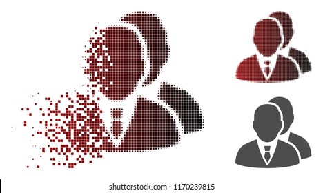 Managers icon in sparkle, pixelated halftone and undamaged whole variants. Particles are composed into vector dissipated managers pictogram.