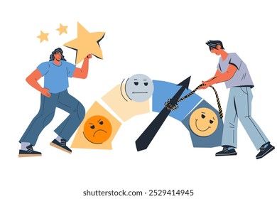 Managers improve customer satisfaction and productivity. Ratings and feedback measure and improve customer satisfaction to improve business results. Vector illustration isolated on white background.