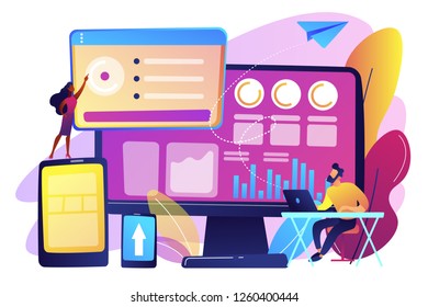 IT managers integrate technologies into business operations. Enterprise IT management, IT software solutions, enterprise architecture concept. Bright vibrant violet vector isolated illustration