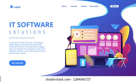 IT managers integrate technologies into business operations. Enterprise IT management, IT software solutions, enterprise architecture concept. Website vibrant violet landing web page template.