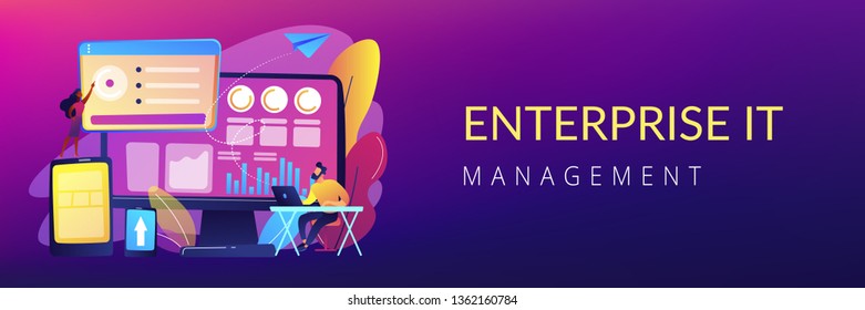 IT-Manager integrieren Technologien in den Geschäftsbetrieb. IT-Management für Unternehmen, IT-Softwarelösungen, Konzept für Unternehmensarchitektur. Kopfzeile oder Fußbanner-Vorlage mit Kopienraum.