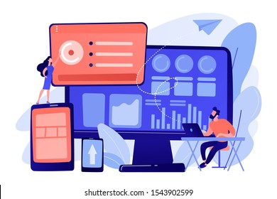 IT managers integrate technologies into business operations. Enterprise IT management, IT software solutions, enterprise architecture concept. Pink coral blue vector isolated illustration