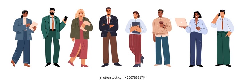 Managers and leaders in formal clothes. Vector in flat style, isolated business character set. Successful entrepreneurs and secretaries, assistants and consultants with papers, talking on phone