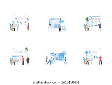 Managers making financial reports set. Business people analyzing graphs. Flat vector illustrations. Marketing research, statistics, finance concept for banner, website design or landing web page